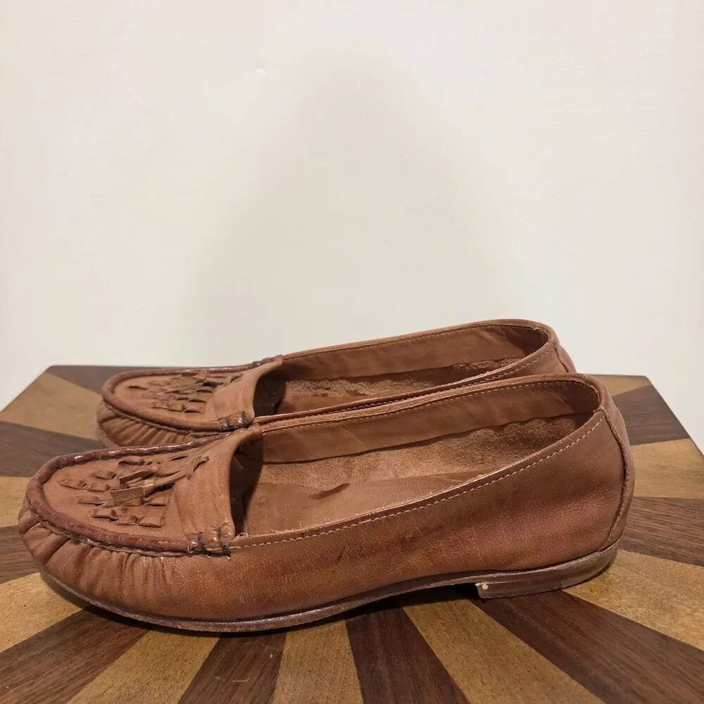 True Vintage Dexter USA Leather Loafers Moccasin US 7.5 Woven Brown 70s 80s Boho